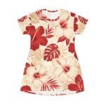 hawaiian floral t shirt dress — red & beige hibiscus all over print