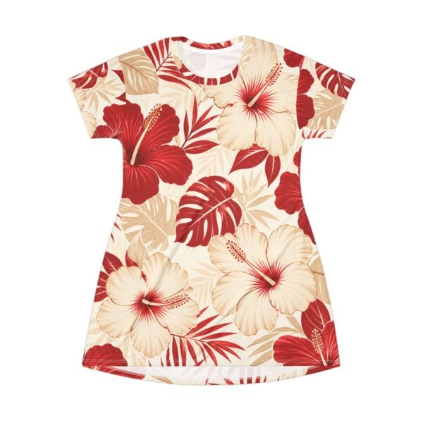 hawaiian floral t shirt dress — red & beige hibiscus all over print