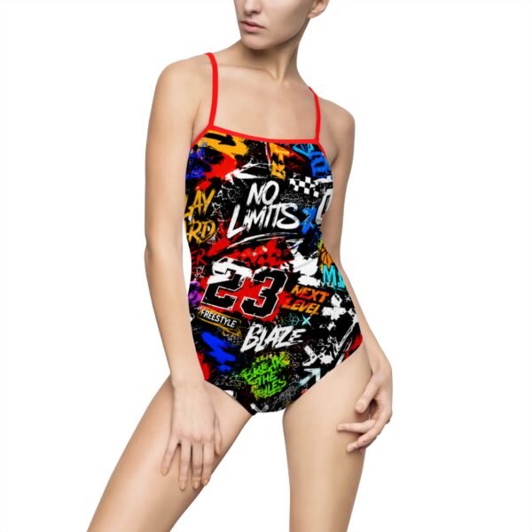 graffiti racer one piece swimsuit – bold street art print, "no limits"