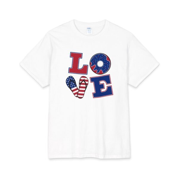 Patriotic LOVE Tee — Red White & Blue Heart Tee (Back: Bed Wine Blue)