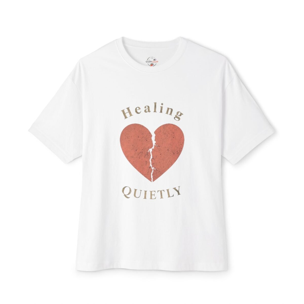 healing quietly tee — broken heart graphic oversized boxy t‑shirt