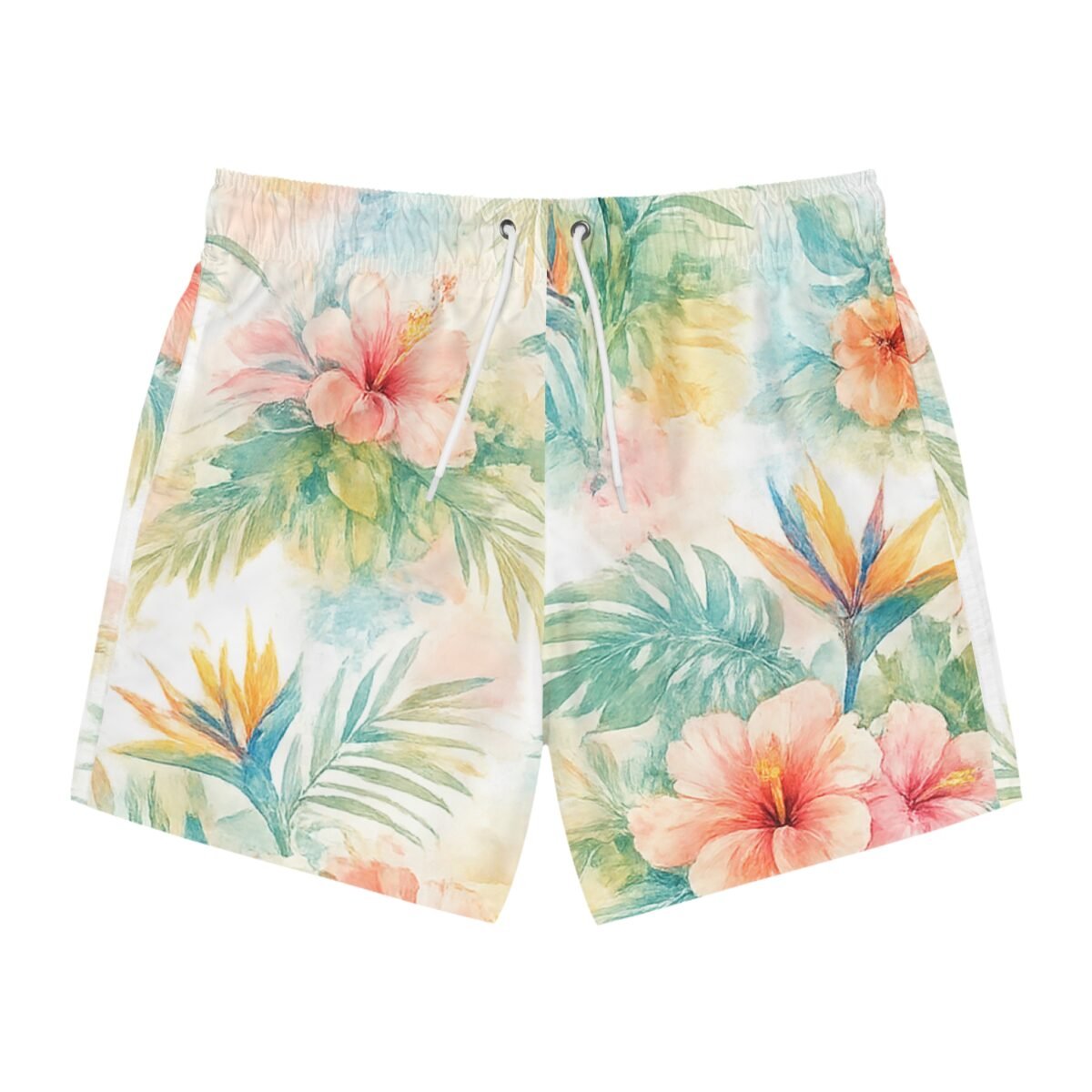 tropical floral swim trunks — watercolor hibiscus beach shorts