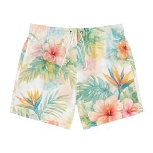tropical floral swim trunks — watercolor hibiscus beach shorts
