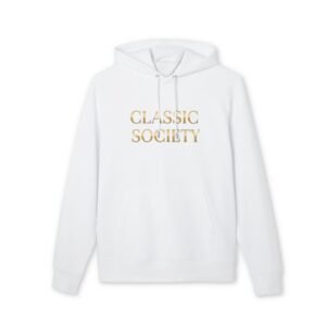 classic society hoodie | gold foil text, minimalist white pullover