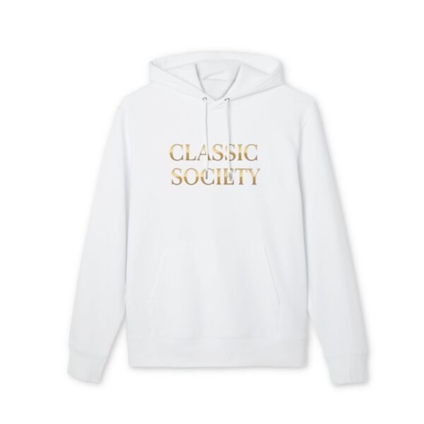 classic society hoodie | gold foil text, minimalist white pullover