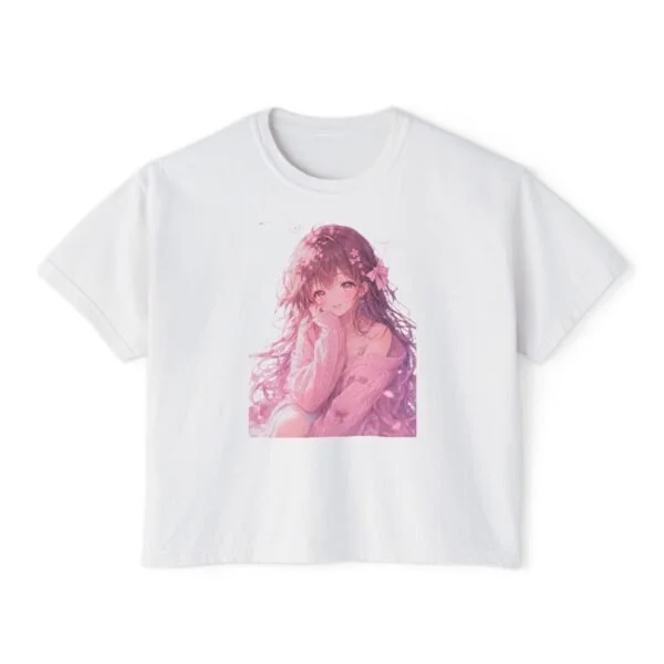 Anime Girl Pink Floral Graphic Tee — Women's Boxy T-Shirt