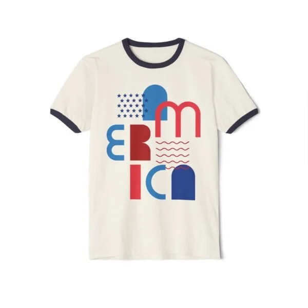 'Merica Graphic Ringer T-Shirt — Patriotic Peace Sign & Retro Block 'Merica Design