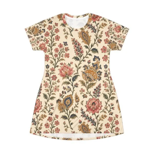 Bohemian Floral T-Shirt Dress — Vintage Cream All-Over Print